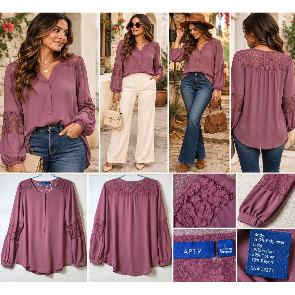 Apt. 9 Women Mauve Lace Panel Long Sleeve Blouse Split Neck Top Large